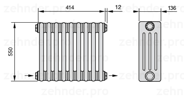 Схема (чертеж) Радиатор Zehnder Charleston 4055/9 №2670 Белый глянцевый RAL 9016